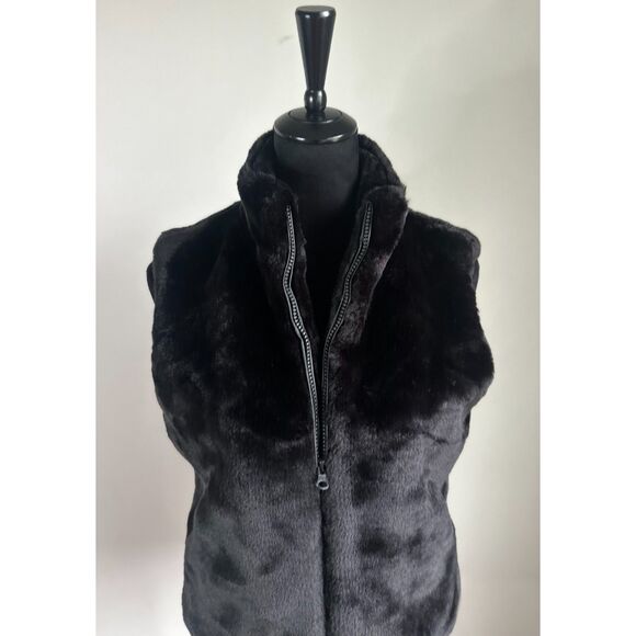 Vintage CEJON Women's Cropped Mock Neck Zip Front Black Faux Fur Vest Size S - Picture 2 of 8